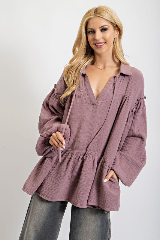 Cotton Gauze Ruffle Bottom Tunic Top Lilac Grey