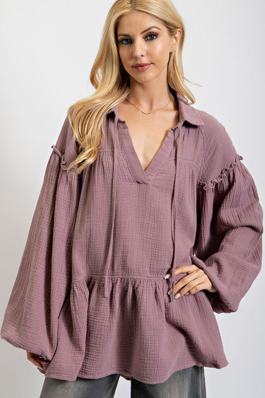 Cotton Gauze Ruffle Bottom Tunic Top Lilac Grey