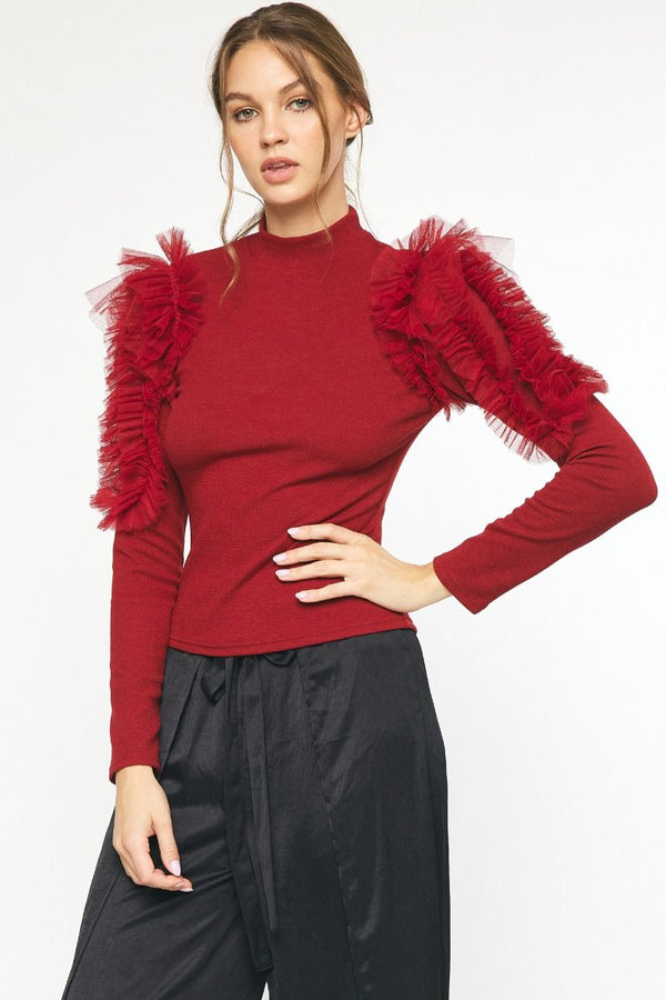 Mock Neck Ruffle Detail Sleeve Top Ruby