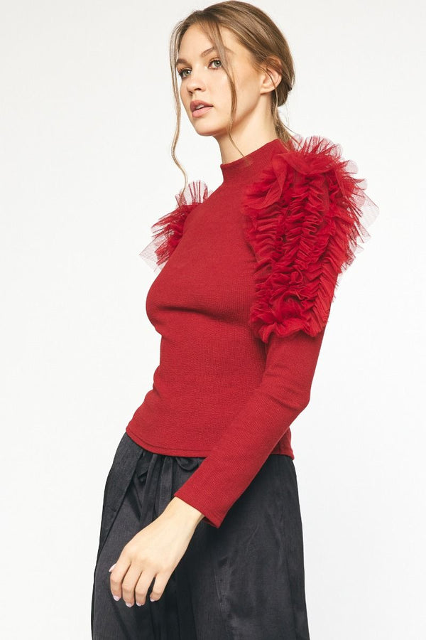 Mock Neck Ruffle Detail Sleeve Top Ruby