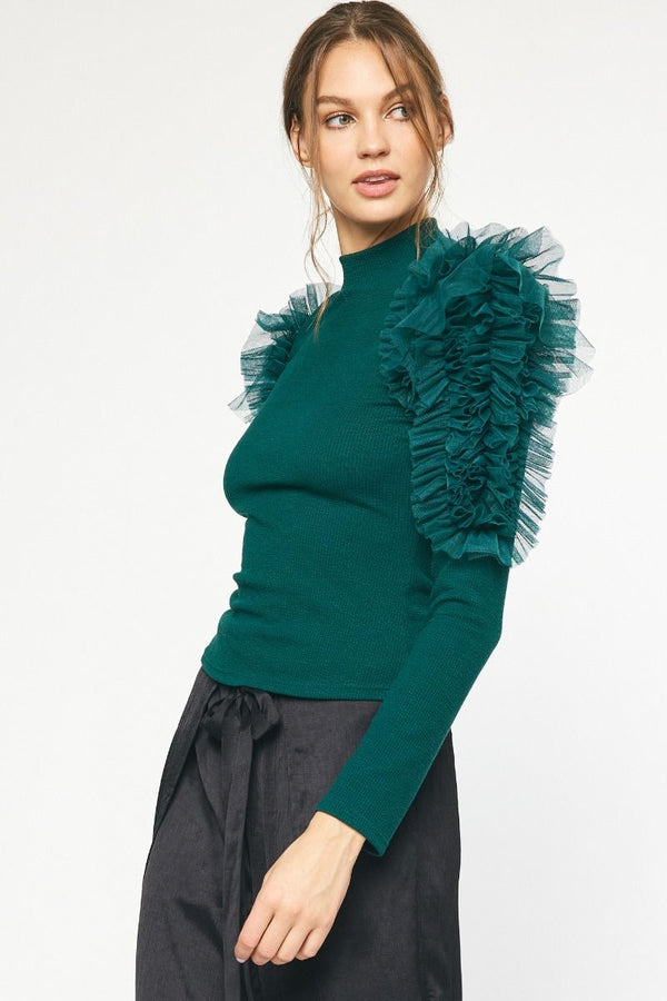 Mock Neck Ruffle Detail Sleeve Top Green