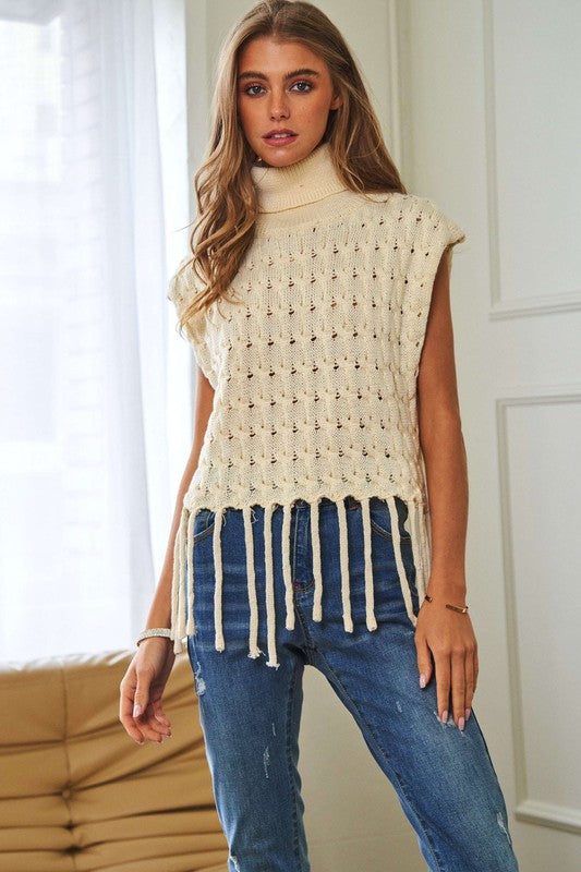 Ribbed Turtleneck Fringe Hem Sweater Vest Cream