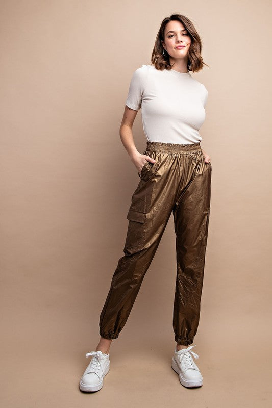 Metallic Elastic Waist Cargo Pants Copper