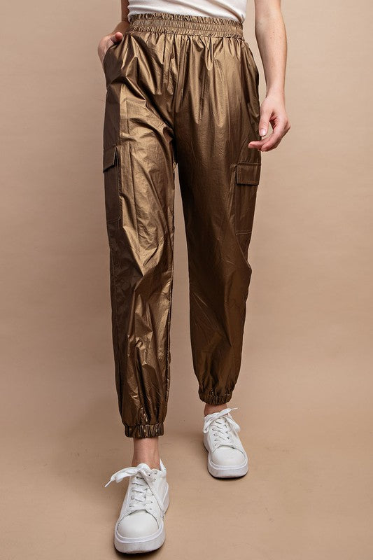 Metallic Elastic Waist Cargo Pants Copper