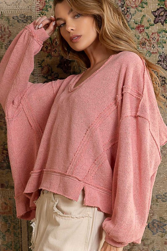 Balloon Sleeve Hooded Knit Top Rose Pink