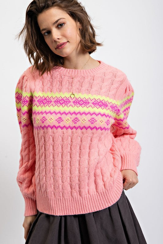 Retro Inspired Cable Knit Sweater Blush Pink