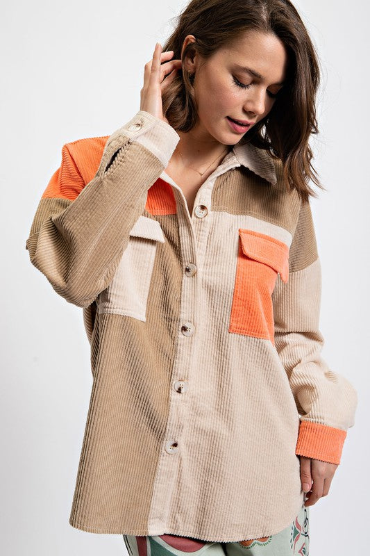 Corduroy Color Block Shacket Natural