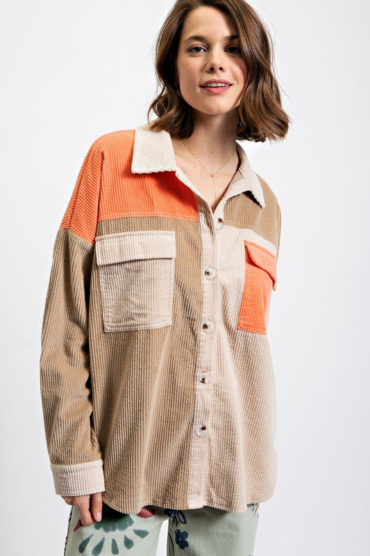 Corduroy Color Block Shacket Natural