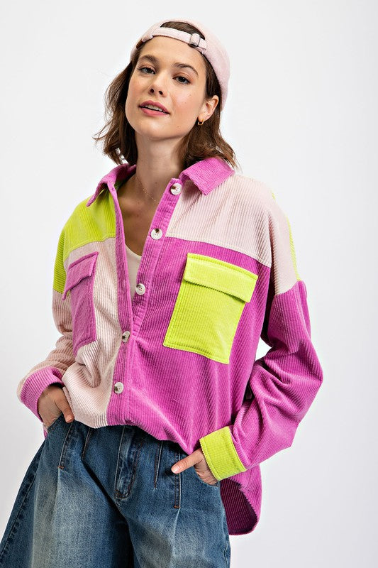 Corduroy Color Block Shacket Rose Pink