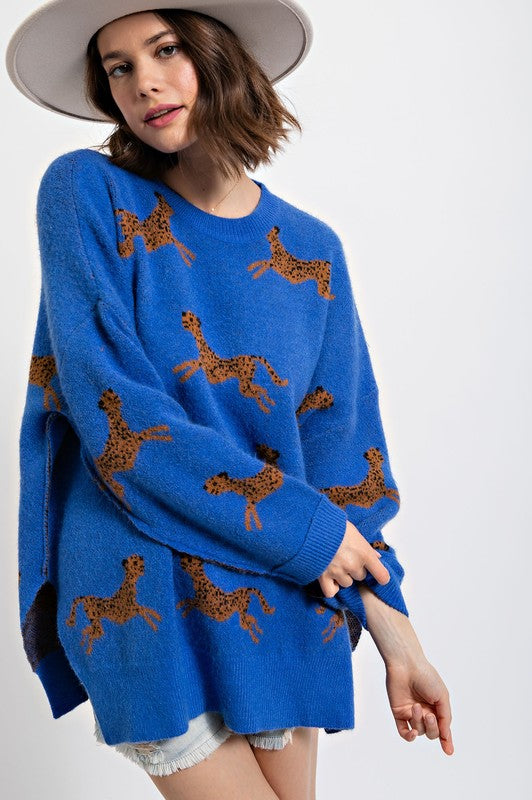 Cheetah Pattern Sweater Royal Blue