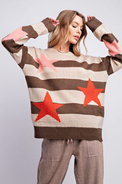 Round Neck Star Stripe Sweater Khaki Brown