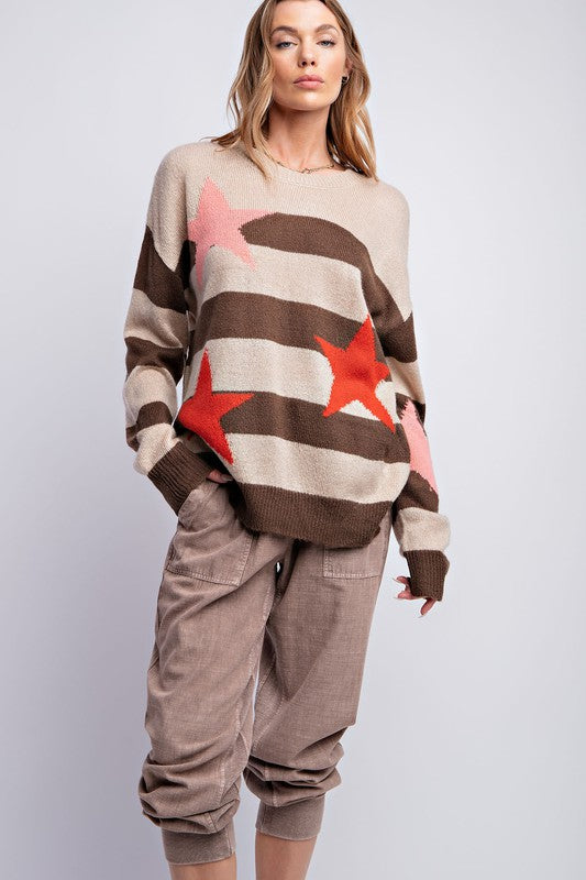 Round Neck Star Stripe Sweater Khaki Brown