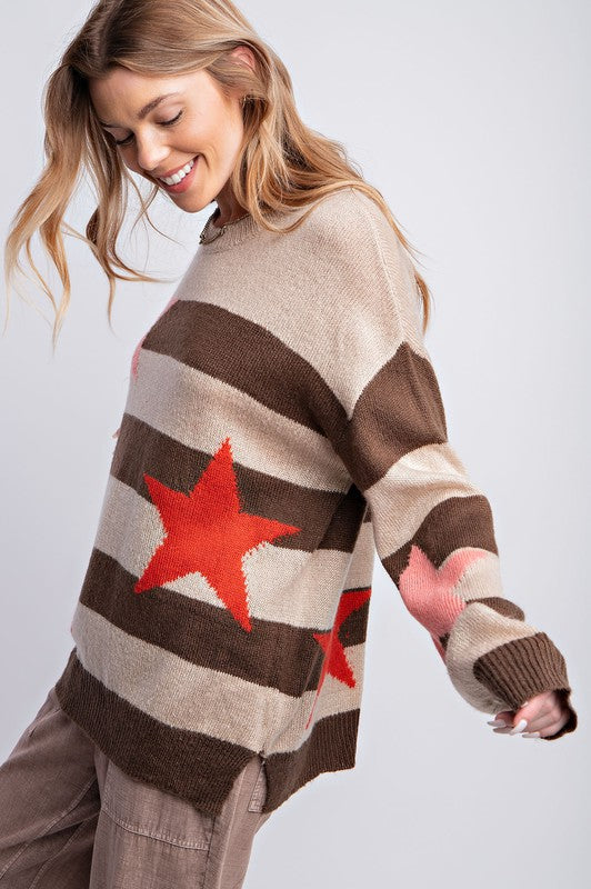 Round Neck Star Stripe Sweater Khaki Brown