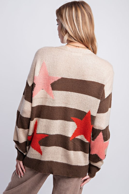 Round Neck Star Stripe Sweater Khaki Brown