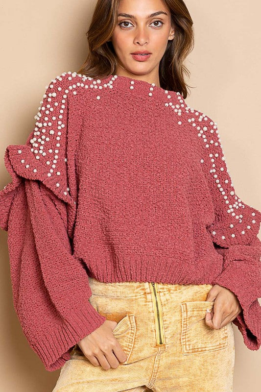 Studded Pearls Pullover Sweater Sangria Red