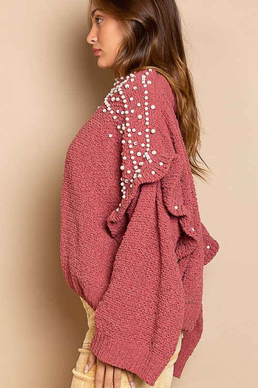 Studded Pearls Pullover Sweater Sangria Red