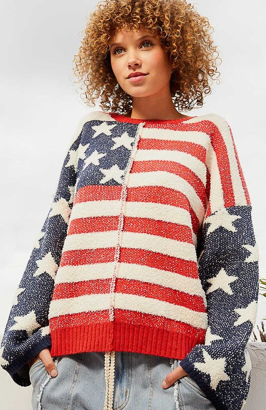 Stars Stripe Pattern Fleece Sweater Red Blue