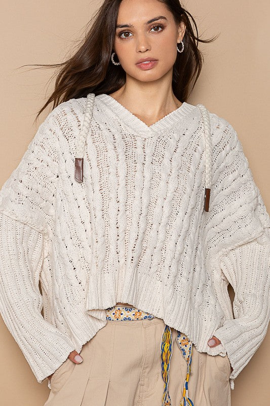 Hooded Rib Weave Pullover Sweater Cream