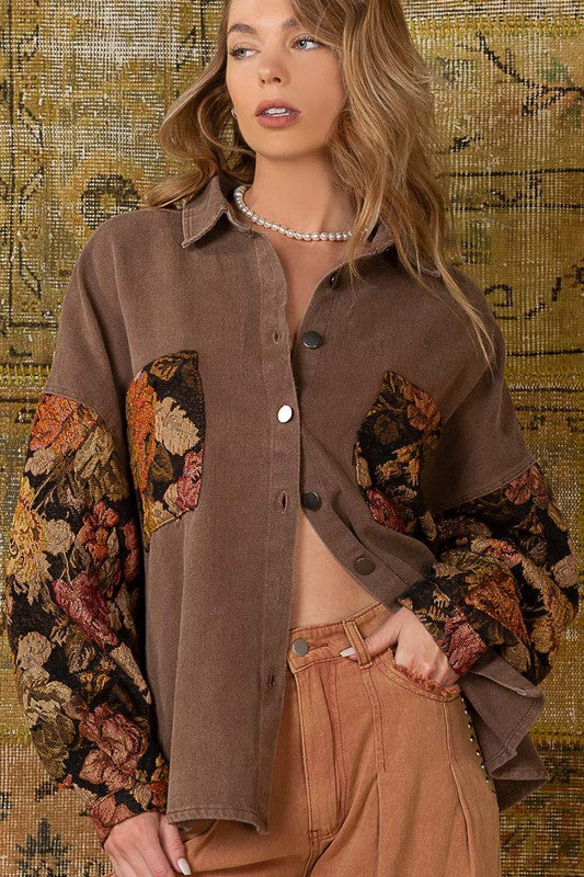 Jacquard Floral Sleeve Shacket Chocolate