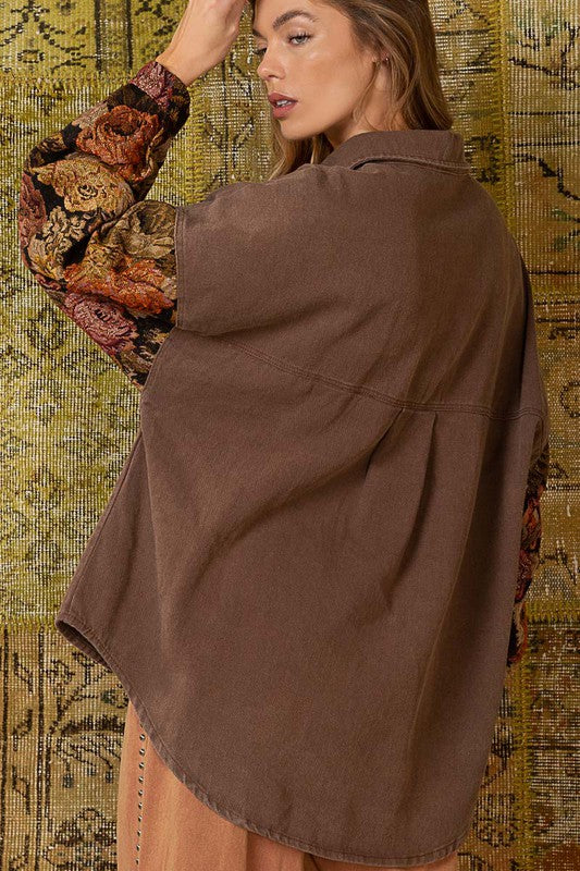 Jacquard Floral Sleeve Shacket Chocolate