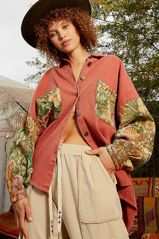 Jacquard Floral Sleeve Shacket Sunset Clay