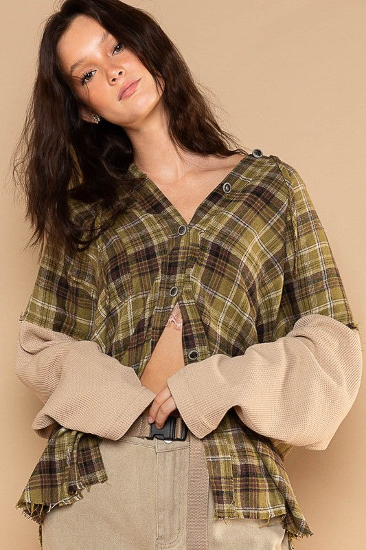 Contrast Sleeves Hooded Plaid Shirt Olive