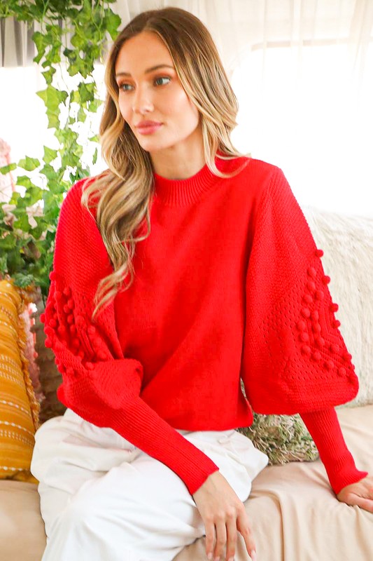 Pom Pom Balloon Sleeve Sweater Red