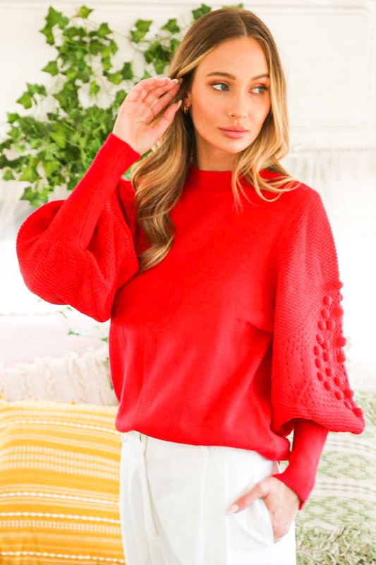 Pom Pom Balloon Sleeve Sweater Red