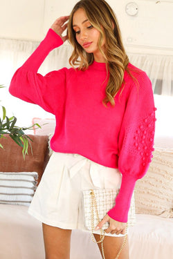 Pom Pom Balloon Sleeve Sweater Fuchsia