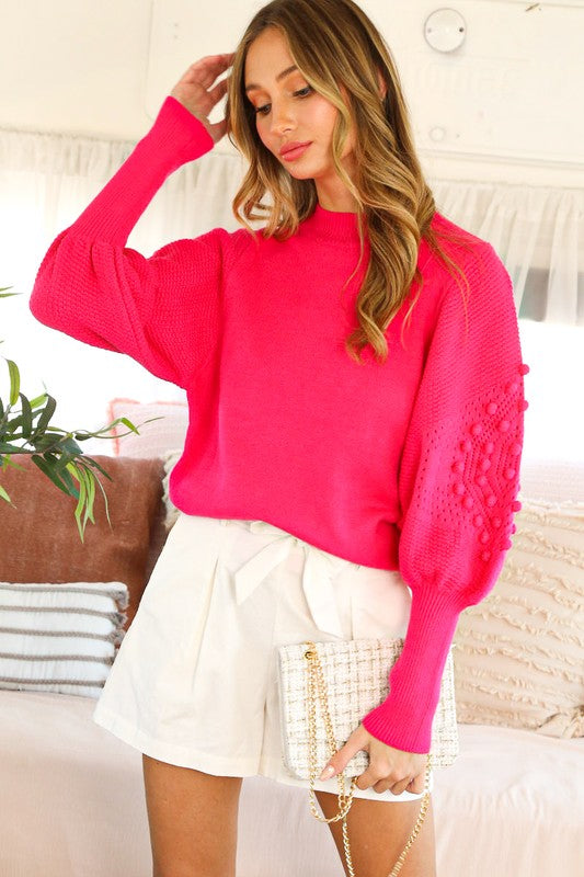 Pom Pom Balloon Sleeve Sweater Fuchsia