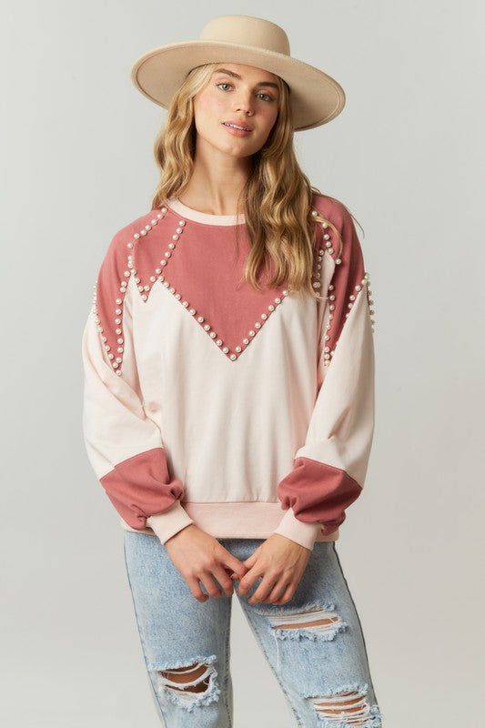 Color Block Pearl Trim Top Mauve/Blush