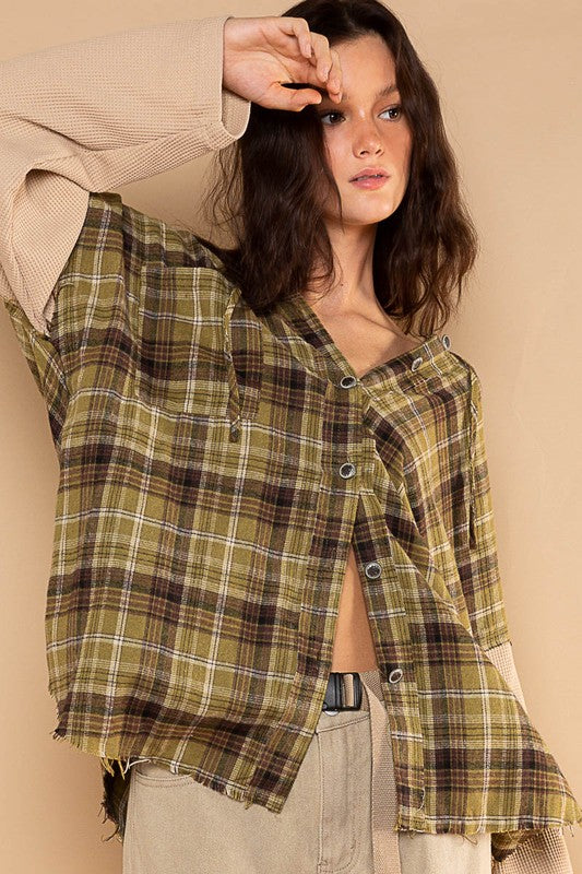 Contrast Sleeves Hooded Plaid Shirt Olive