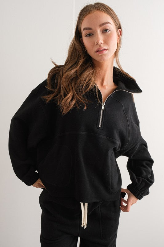 Oversized Half Zip Top Black