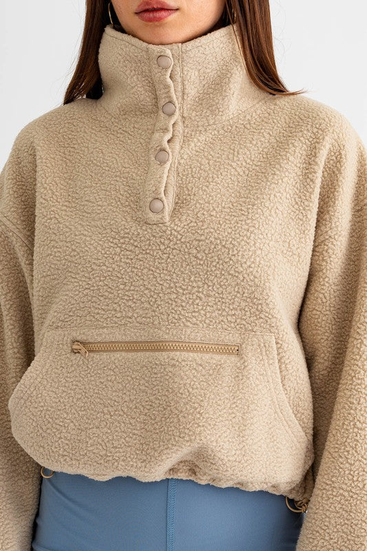 Pocket Detail Fleece Pullover Top Taupe