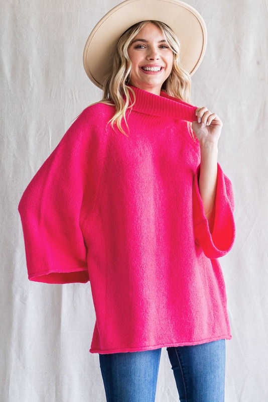 Dolman Sleeves Turtleneck Pullover Top Pink