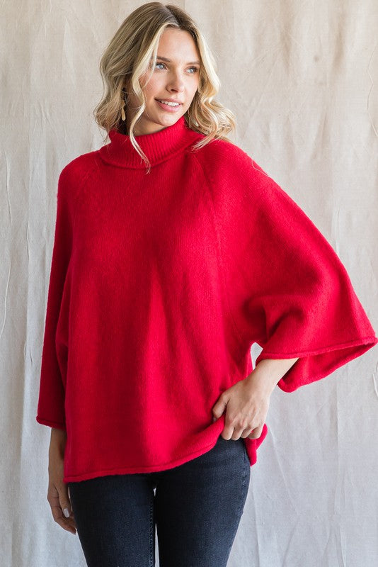 Dolman Sleeves Turtleneck Pullover Top Red