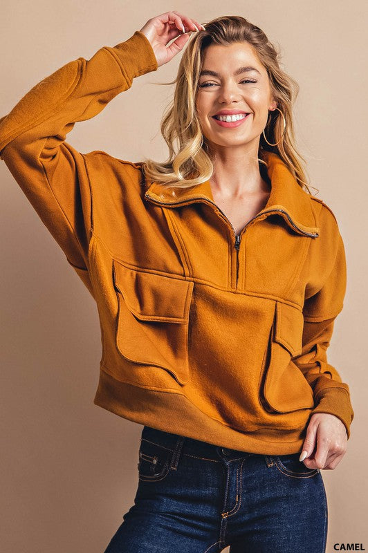 Quarter Zip Pullover Top Camel