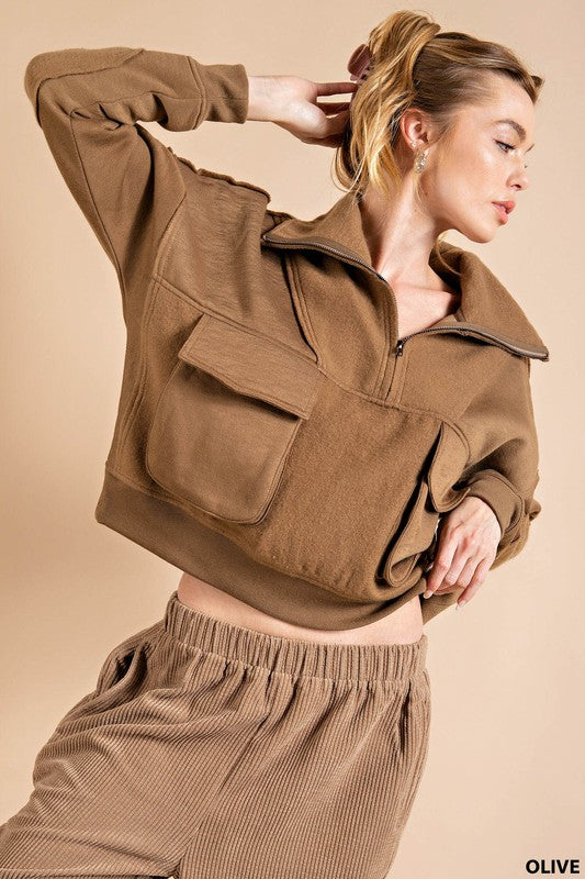 Quarter Zip Pullover Top Olive