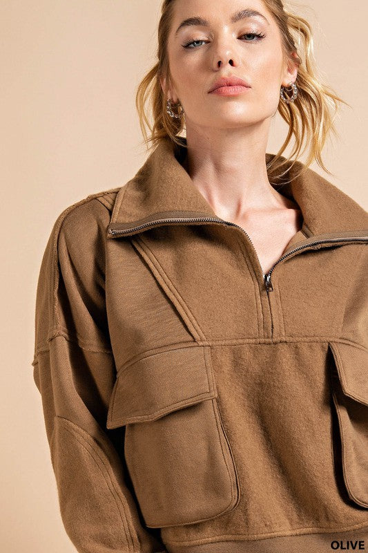 Quarter Zip Pullover Top Olive