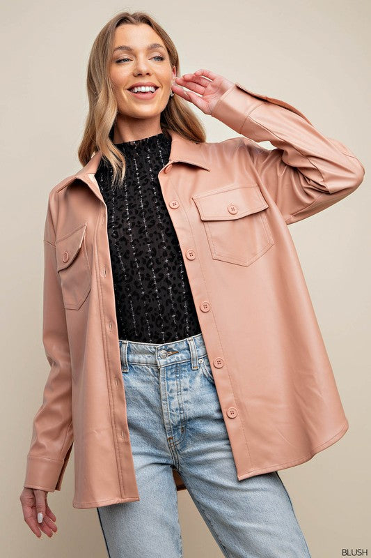 Oversized Faux Leather Shirt Blush