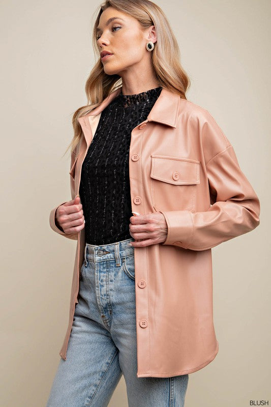 Oversized Faux Leather Shirt Blush