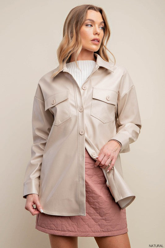 Oversized Faux Leather Shirt Natural - Southern Fashion Boutique Bliss