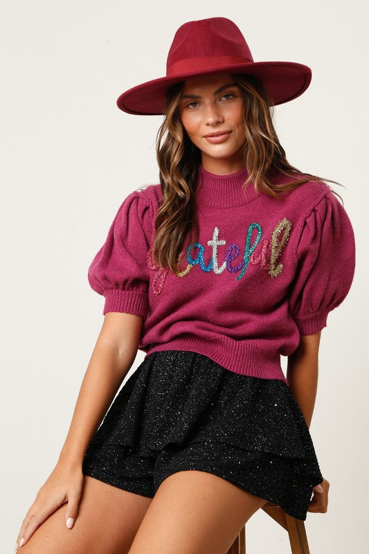 Grateful Puff Sleeve Sweater Plum