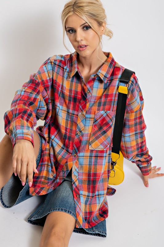 Plaid Button Down Washed Shirt Top Red Denim