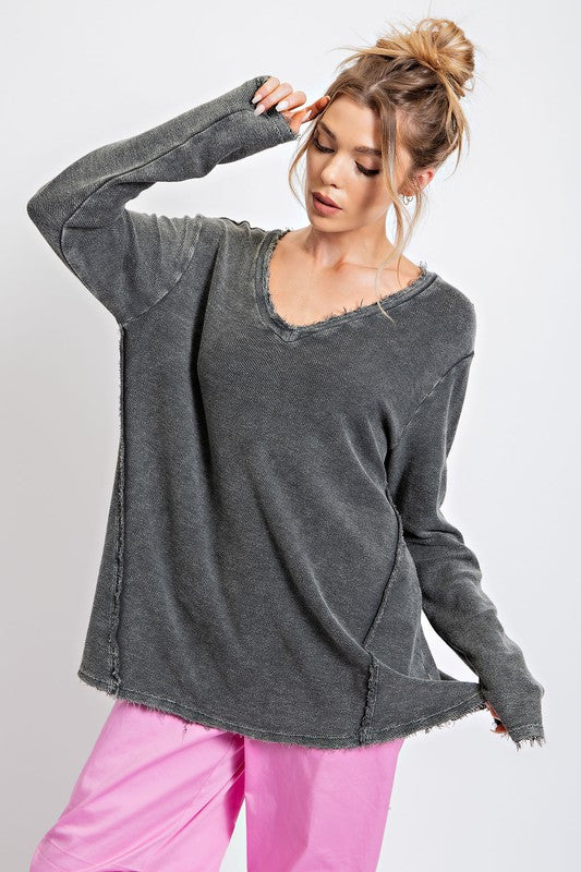 Textured Thermal V-Neck Top Black