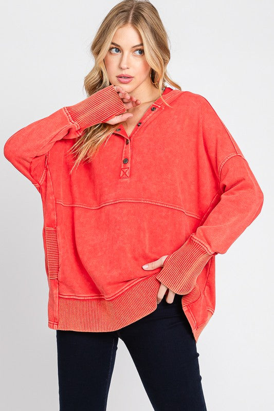 Mineral Washed Hoodie Sweatshirt Coral