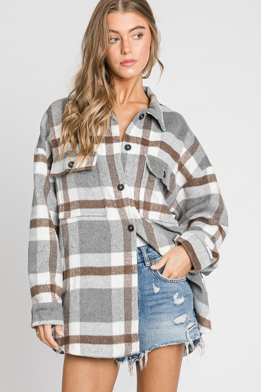 Oversized Plaid Flannel Shacket Grey