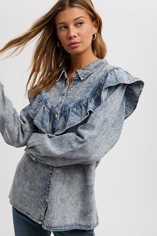 Button Up Ruffled Denim Shirt Washed Denim