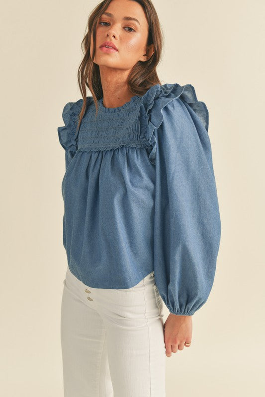 Shirred Yoke Balloon Sleeve Top Blue