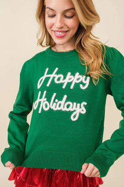 Happy Holiday Sparkle Letter Sweater Green - Southern Fashion